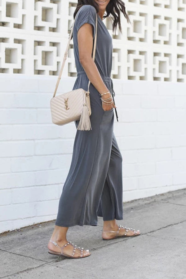 Elastic waist V neck wide leg jumpsuit women