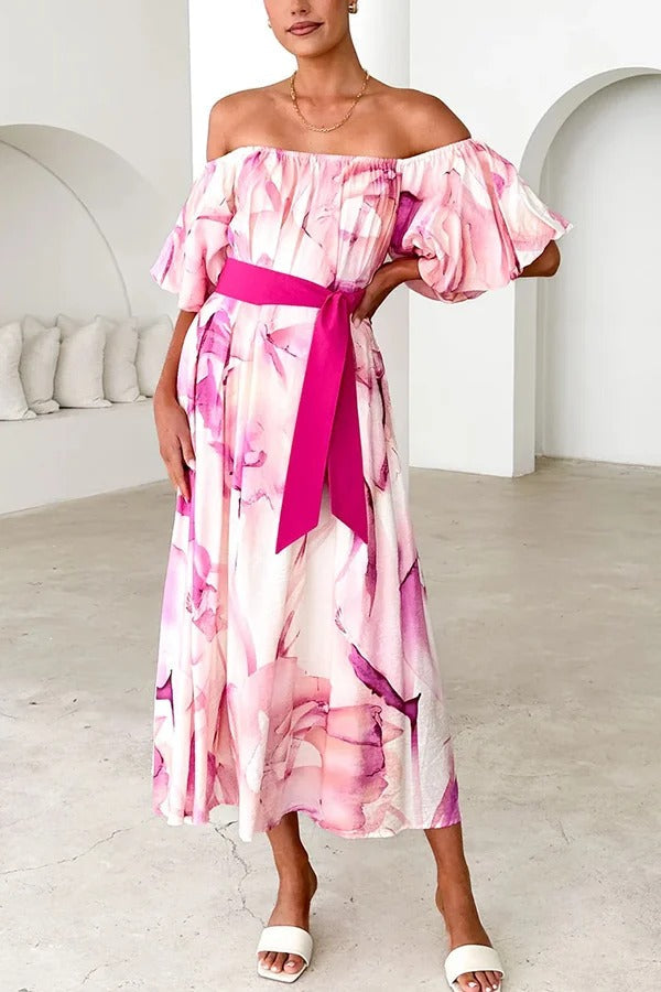 Floral Print Elegant Puff Sleeve Tie-Waist Midi Dress
