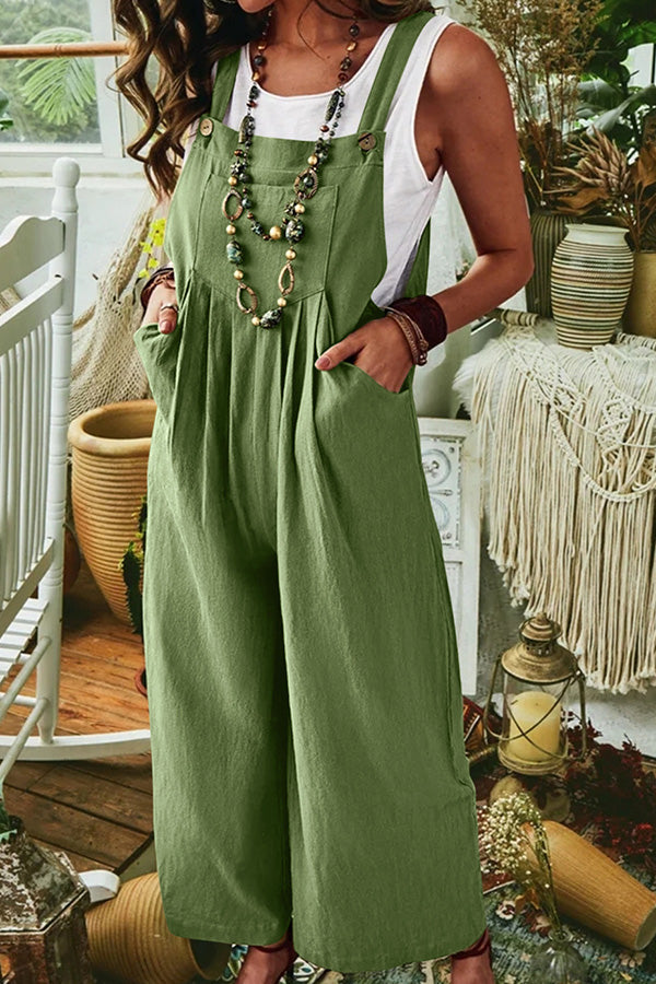 Solid Color Sleeveless Pocket Casual Wide Leg Side Button Jumpsuit
