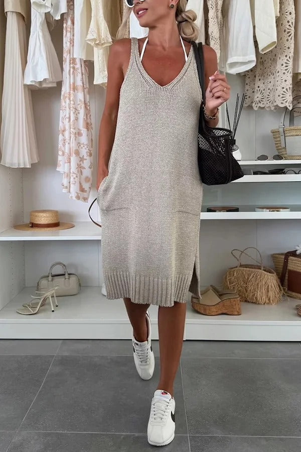 Solid Color V-Neck Sleeveless Casual Pocket Knitted Midi Dress