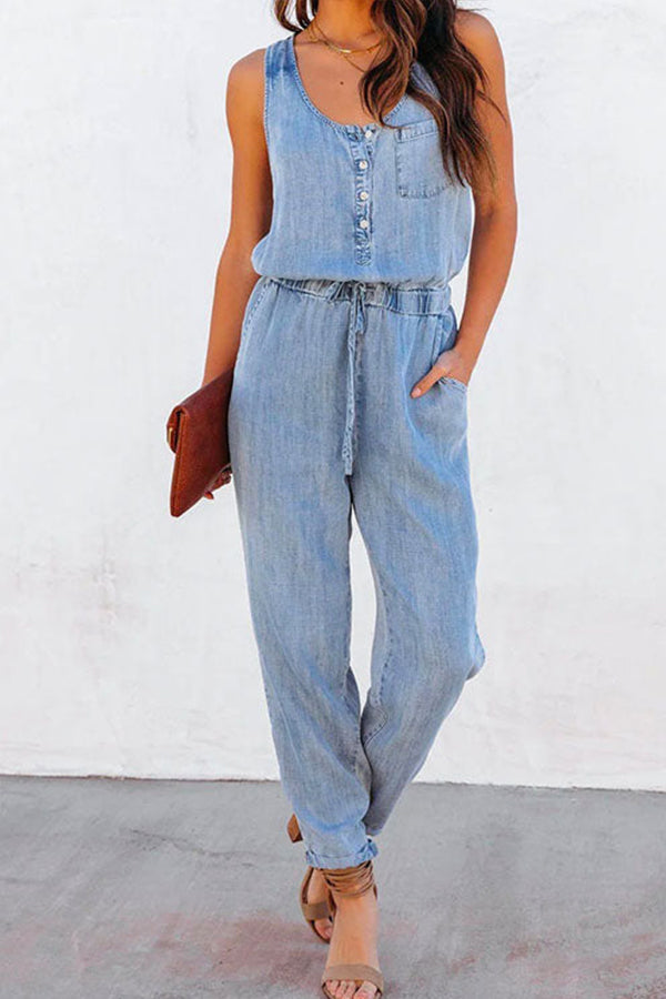 Drawstring Waist Distressed Denim Tank Jumpsuit