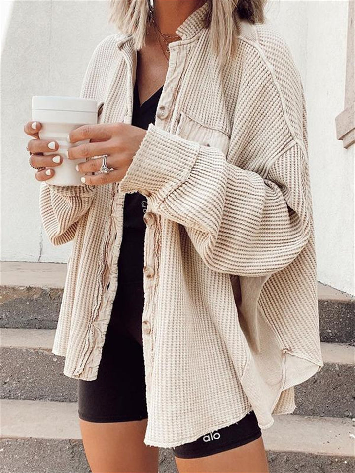 Casual Waffle Knit Button-Up Oversized Shirt Jacket