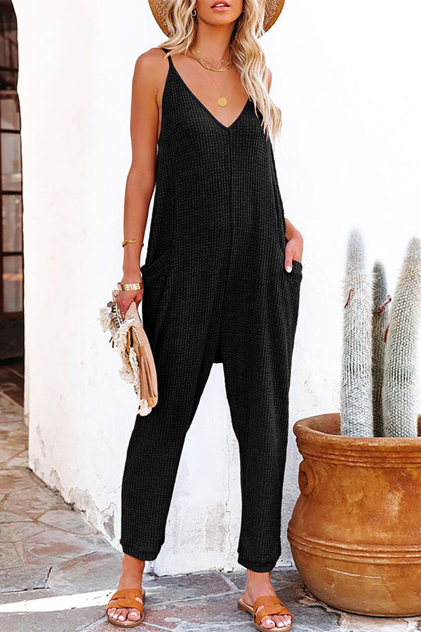 One word pleated pure color fashion jumpsuit