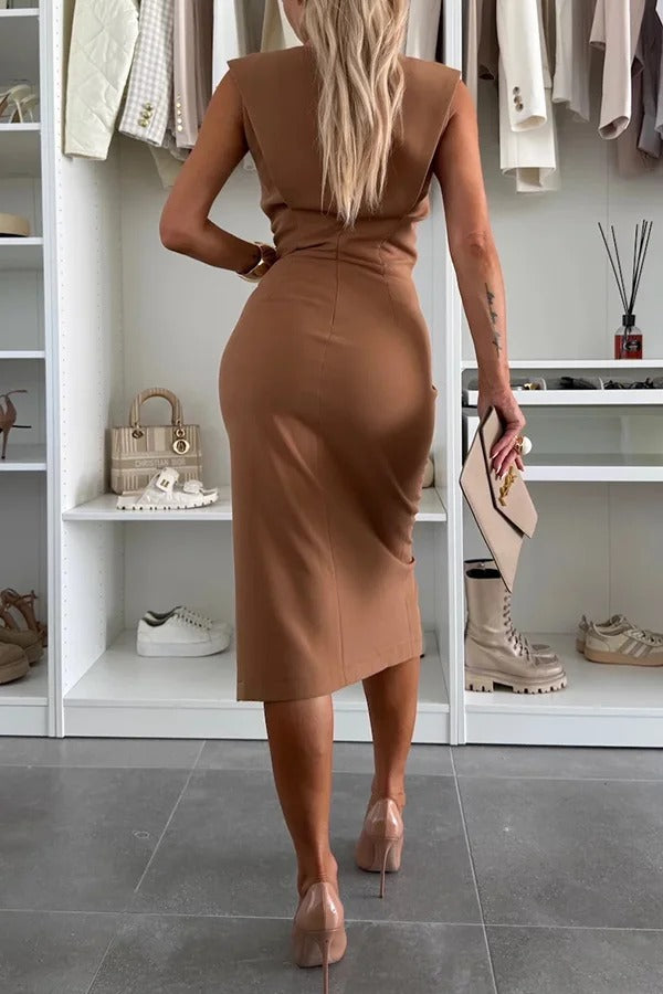 Solid Color Round Neck Sleeveless Slim Fit Slit Midi Dress