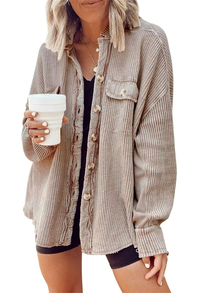 Casual Waffle Knit Button-Up Oversized Shirt Jacket