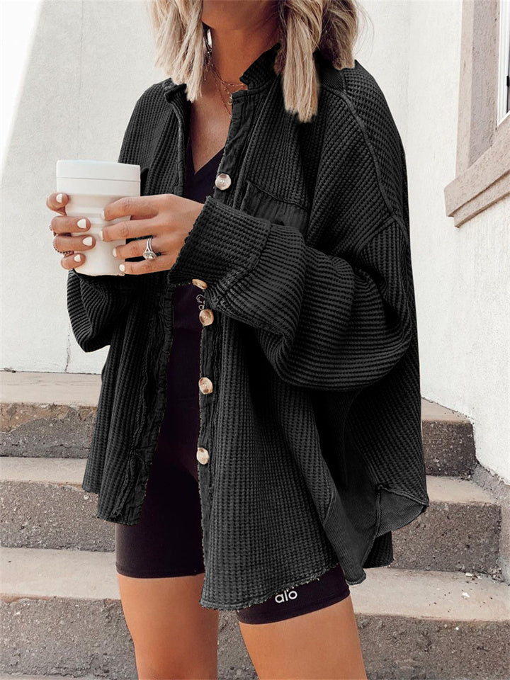 Casual Waffle Knit Button-Up Oversized Shirt Jacket