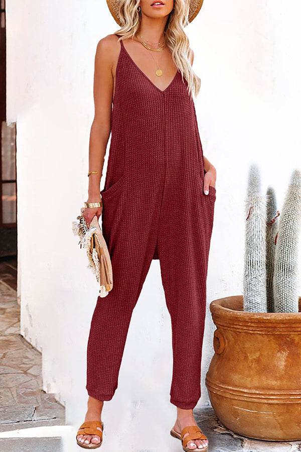 One word pleated pure color fashion jumpsuit