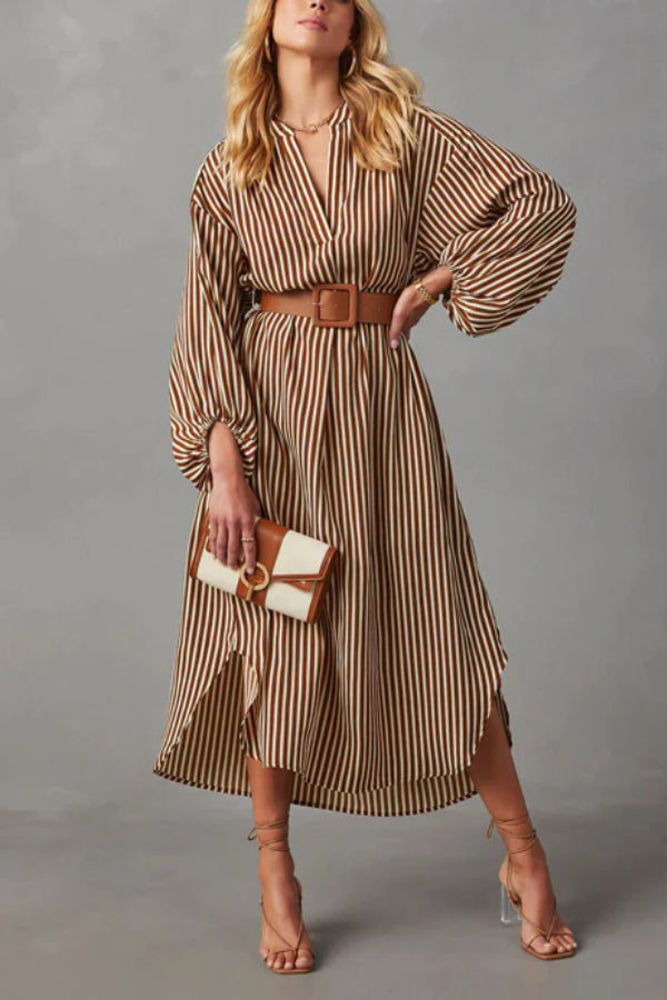ETHEREAL SWEETIE STRIPED BELTED MIDI DRESS