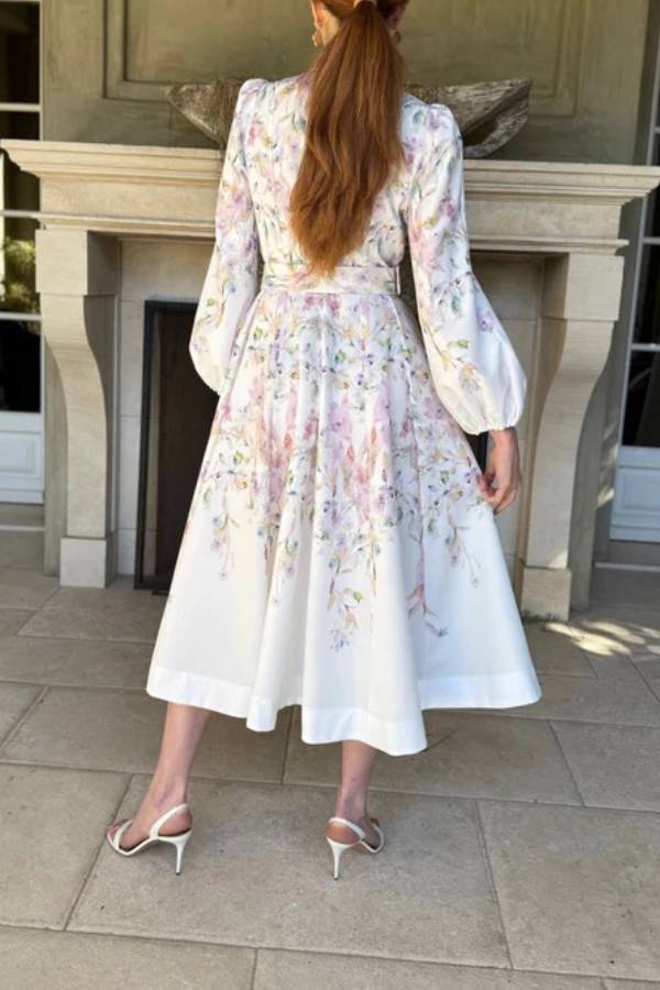 Moira Long Puff Sleeve Multicolor Floral Midi Dress