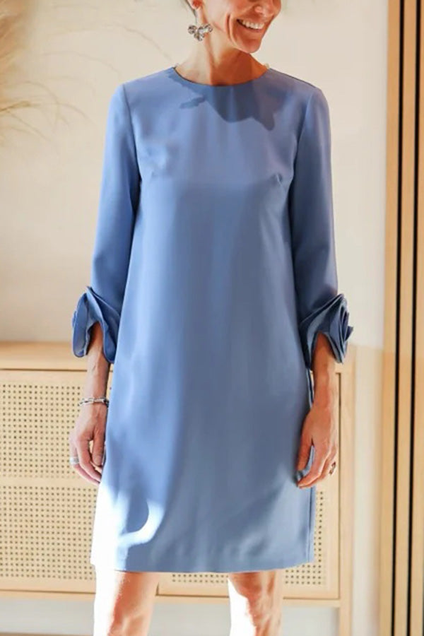 Meina Flower Decorated Cuffs Round Neck Pocket Casual Mini Dress