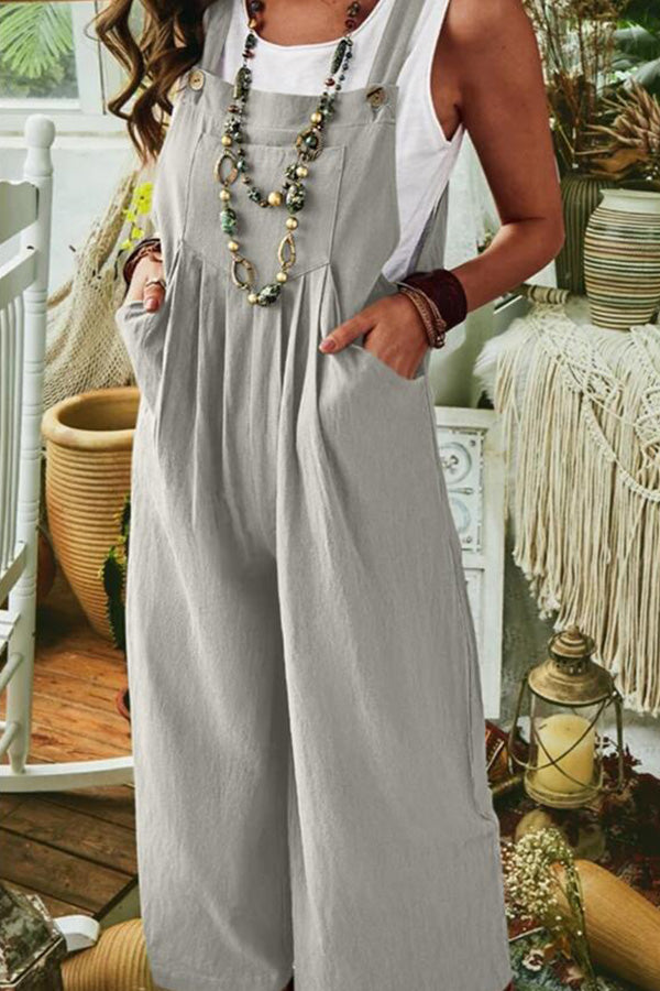 Solid Color Sleeveless Pocket Casual Wide Leg Side Button Jumpsuit