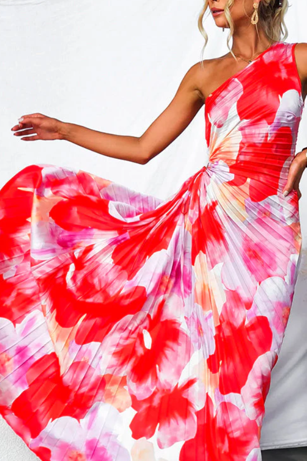 One Shoulder Sleeveless Print Asymmetric Maxi Pleated Dress