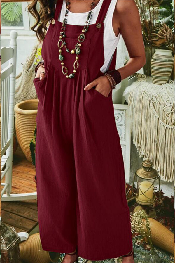 Solid Color Sleeveless Pocket Casual Wide Leg Side Button Jumpsuit