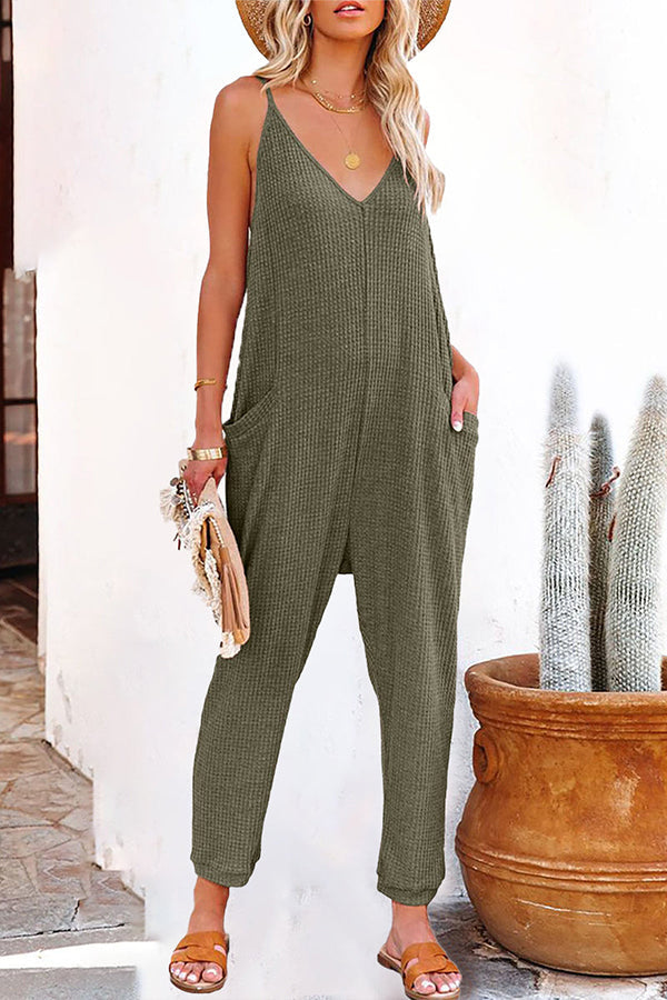One word pleated pure color fashion jumpsuit