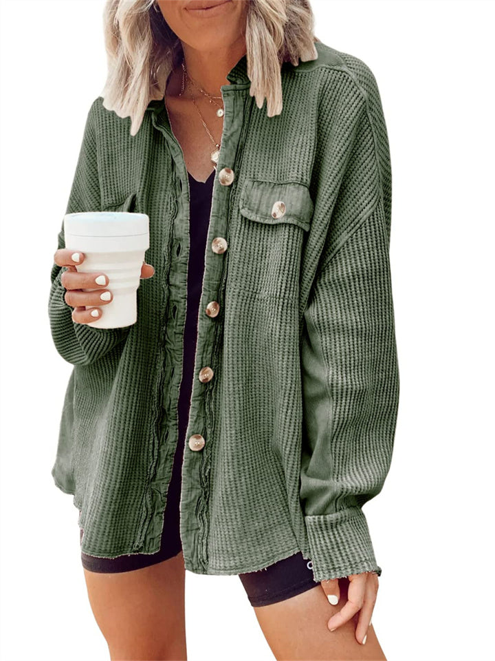 Casual Waffle Knit Button-Up Oversized Shirt Jacket