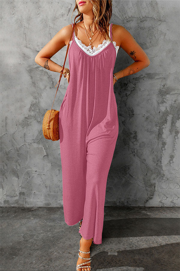 Casual Spaghetti Straps Wide Leg Pocketed Jumpsuits