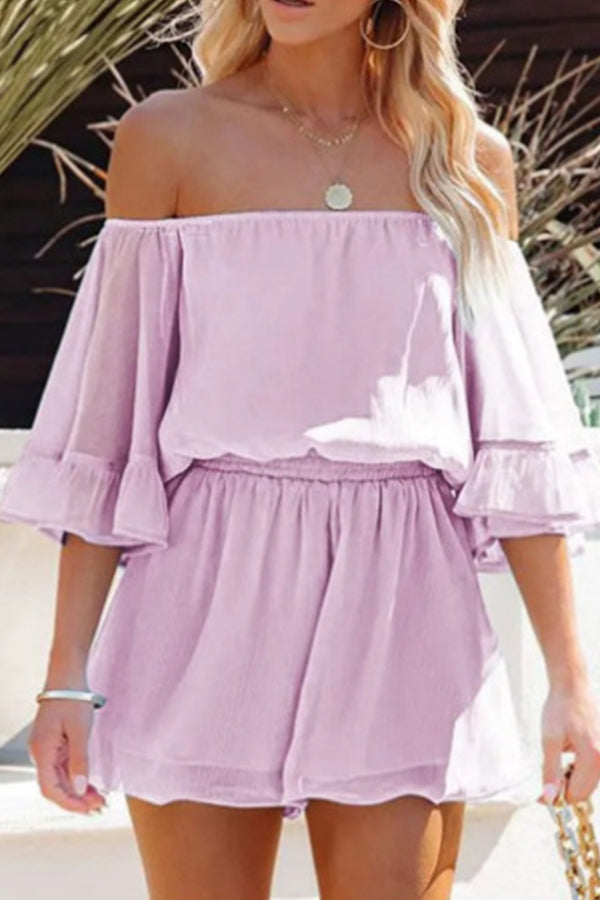 Paneled short-sleeved loose-fit solid chiffon jumpsuit
