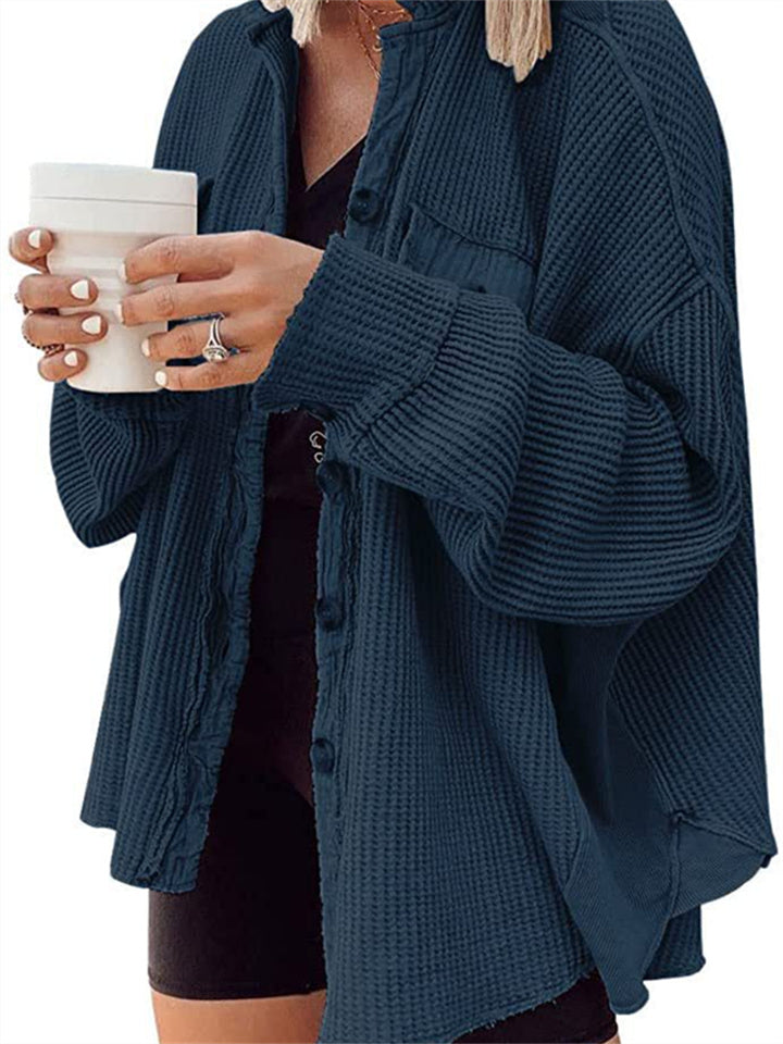 Casual Waffle Knit Button-Up Oversized Shirt Jacket