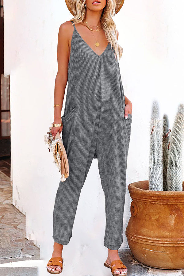 One word pleated pure color fashion jumpsuit