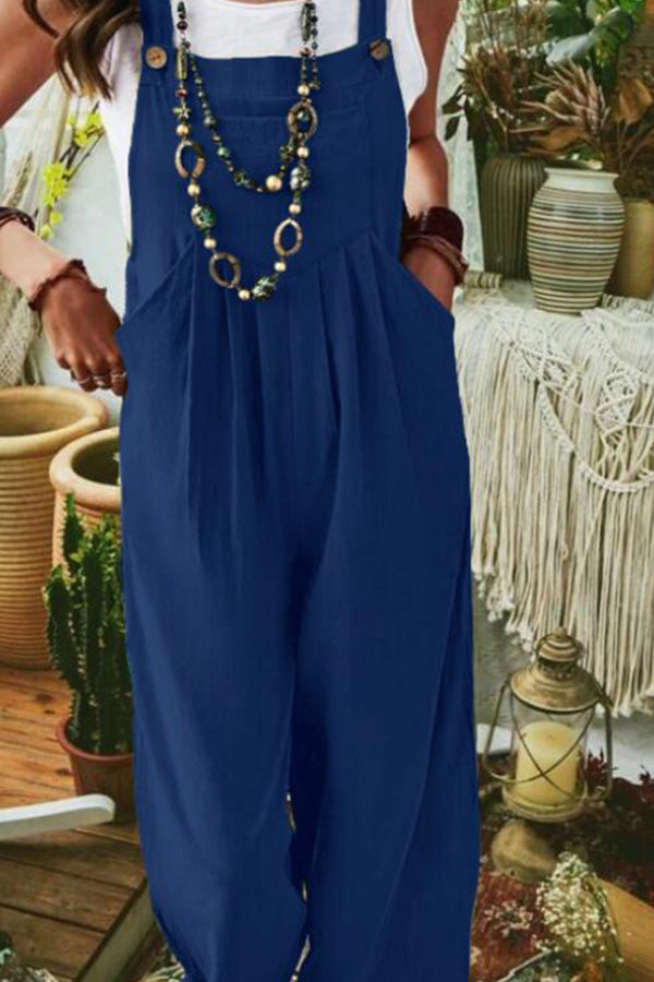 Solid Color Sleeveless Pocket Casual Wide Leg Side Button Jumpsuit