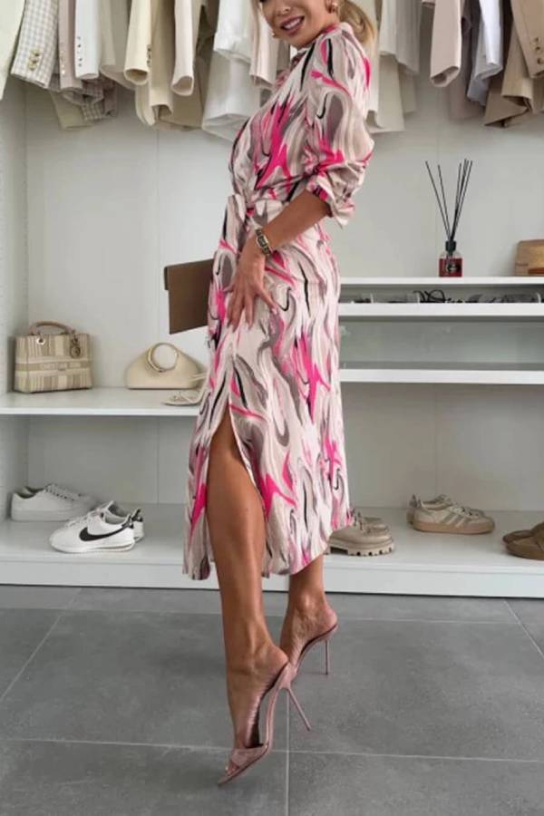 Elegant Ease Satin Printed Tie-Waist Midi Dress
