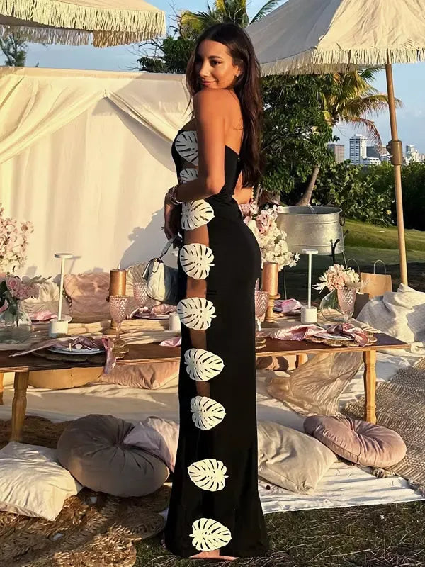 Tropical Leaf Appliqué Strapless Maxi Dress