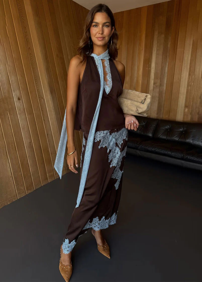Sunday Social Contrast Color Satin Lace Trim Mid Rise Maxi Skirt Set