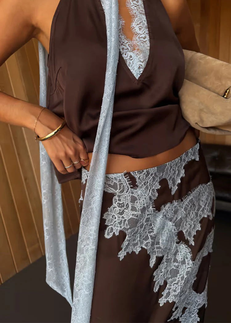 Sunday Social Contrast Color Satin Lace Trim Mid Rise Maxi Skirt Set