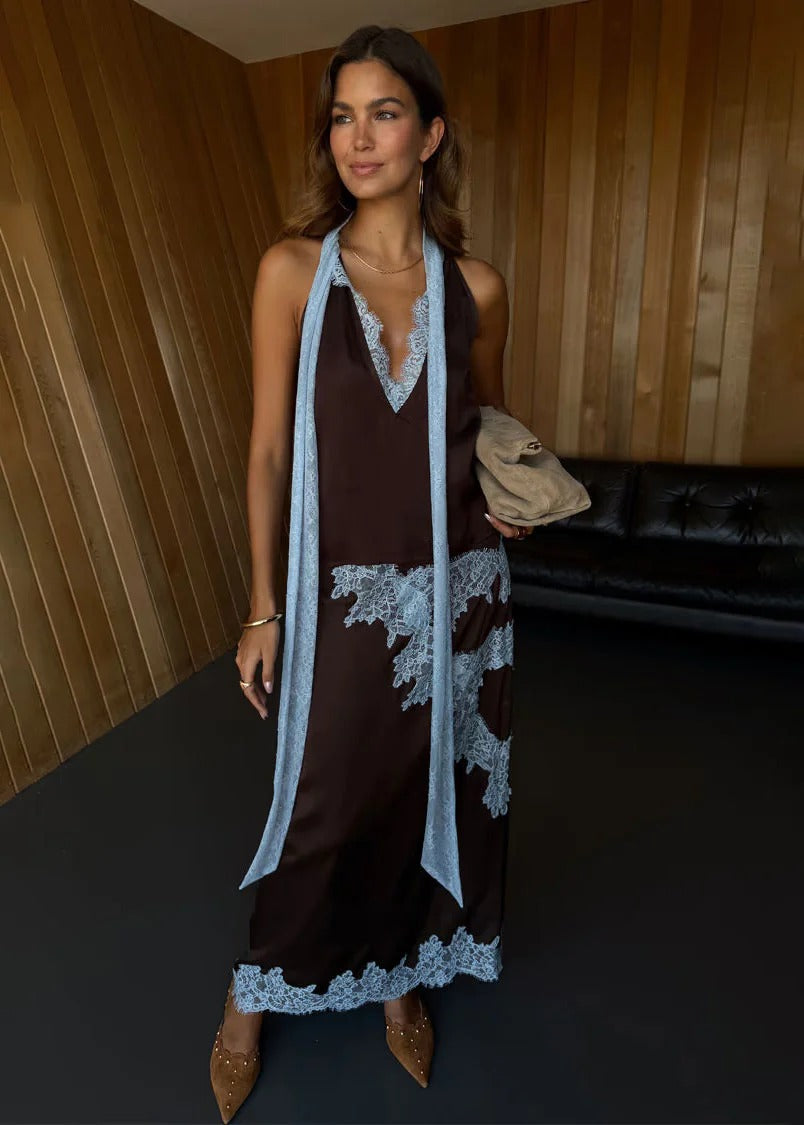Sunday Social Contrast Color Satin Lace Trim Mid Rise Maxi Skirt Set