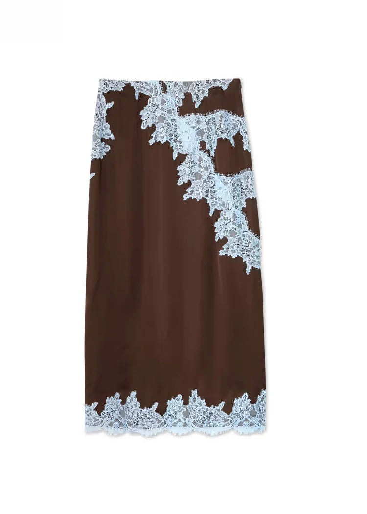 Sunday Social Contrast Color Satin Lace Trim Mid Rise Maxi Skirt Set