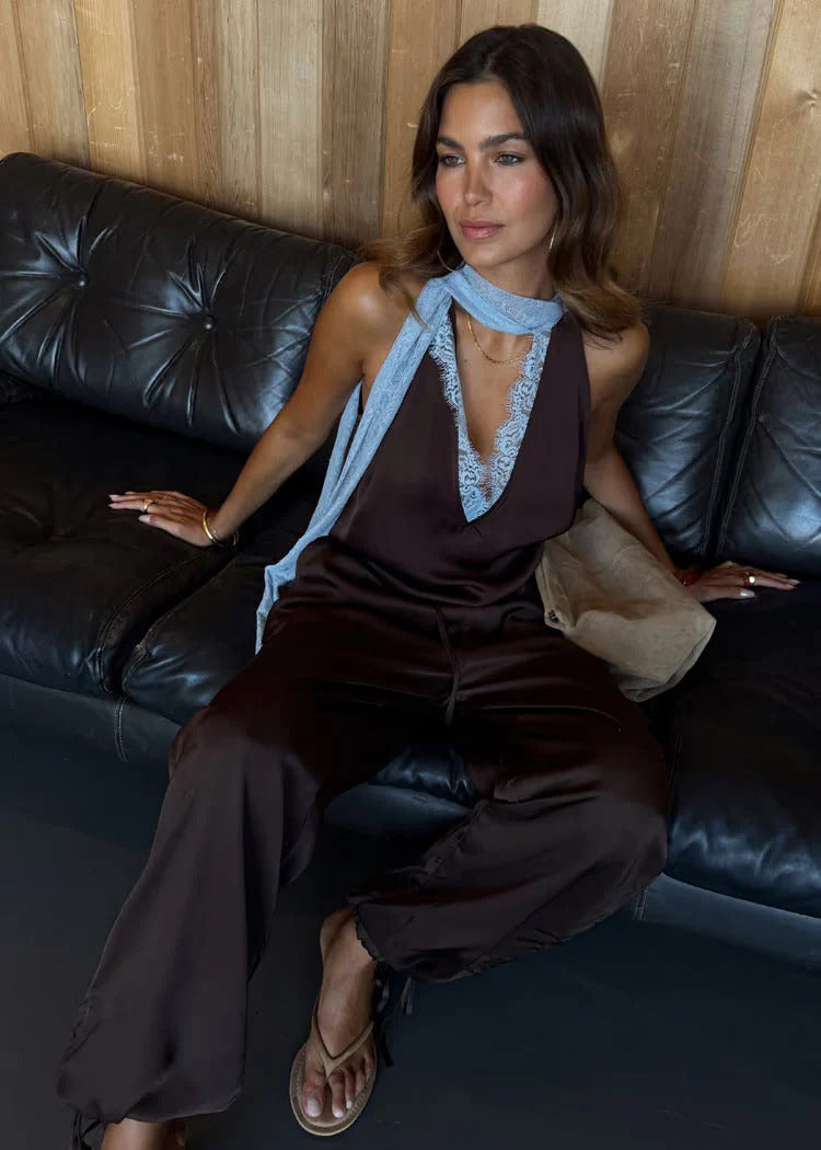 Sunday Social Contrast Color Satin Lace Trim Mid Rise Maxi Skirt Set