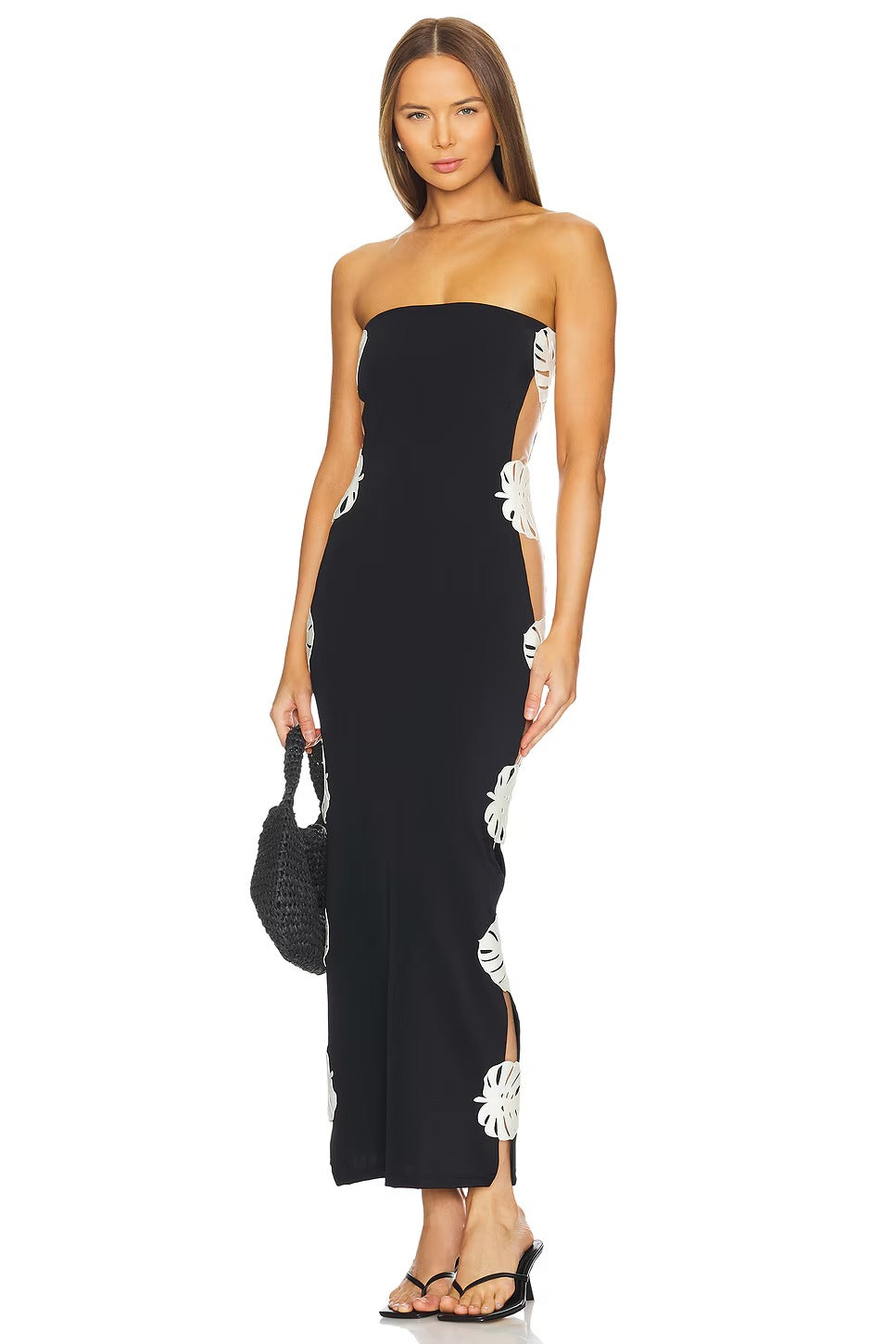 Tropical Leaf Appliqué Strapless Maxi Dress