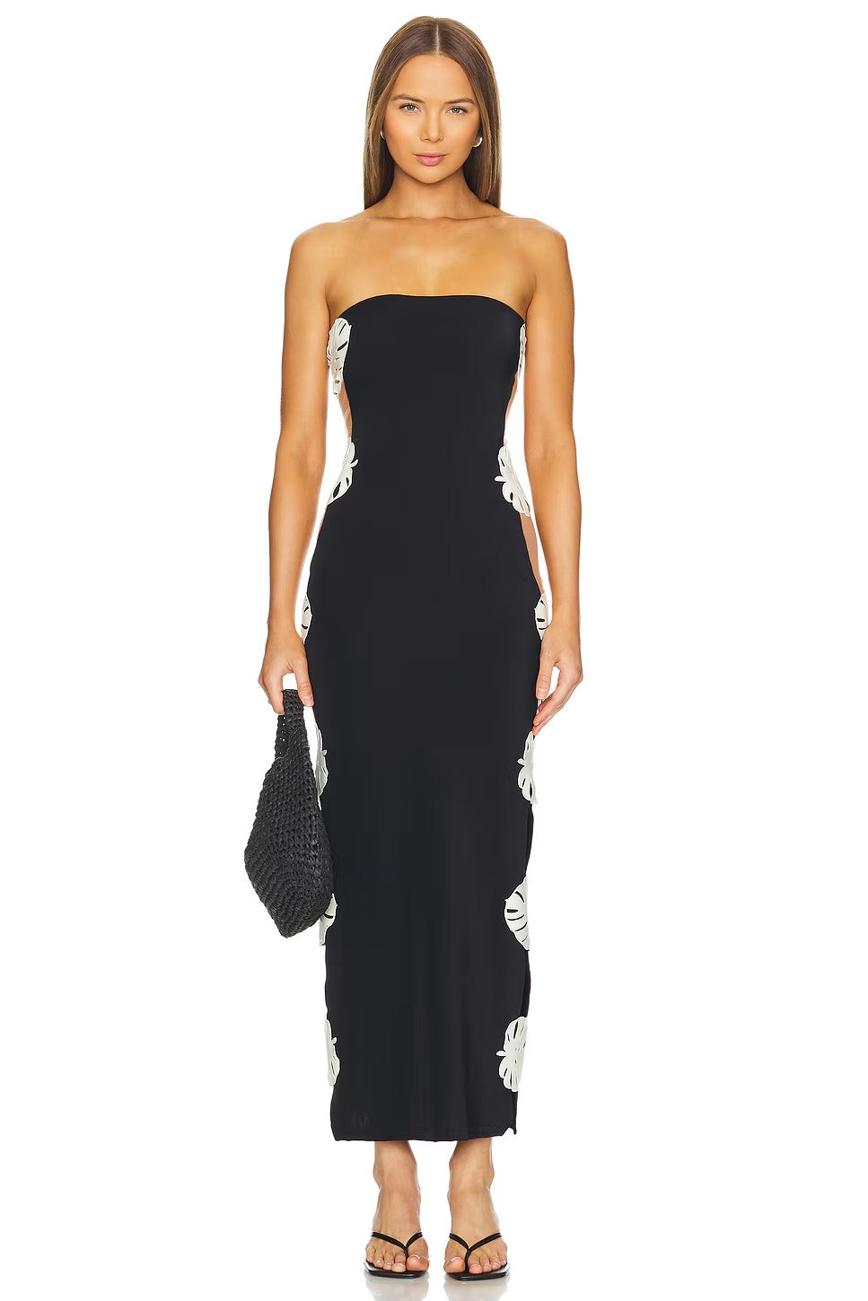 Tropical Leaf Appliqué Strapless Maxi Dress