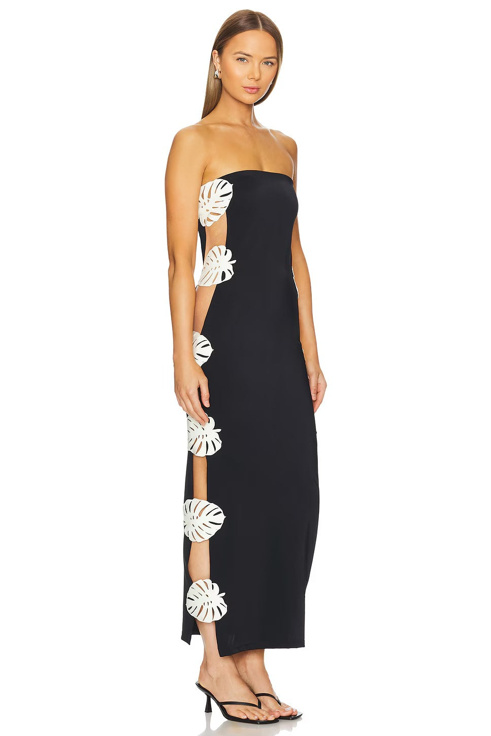 Tropical Leaf Appliqué Strapless Maxi Dress