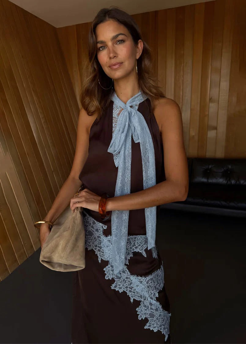 Sunday Social Contrast Color Satin Lace Trim Mid Rise Maxi Skirt Set