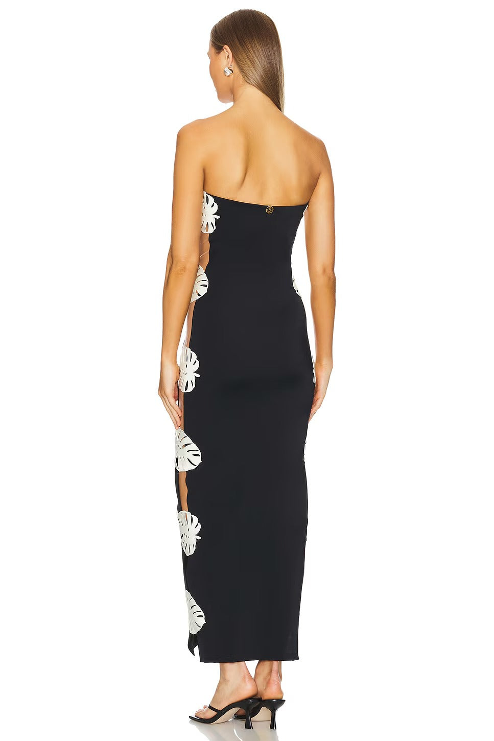 Tropical Leaf Appliqué Strapless Maxi Dress