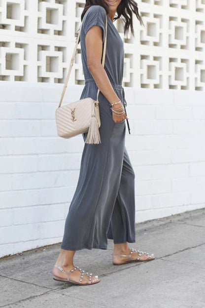 Elastic waist V neck wide leg jumpsuit women