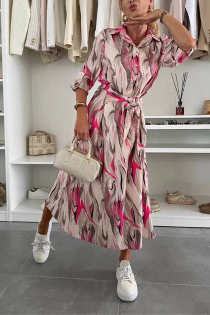 Elegant Ease Satin Printed Tie-Waist Midi Dress