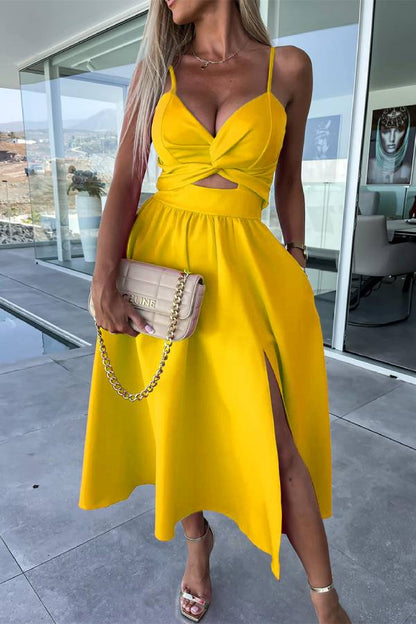 Deep V hollow large skirt slit suspender dress