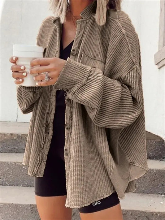 Casual Waffle Knit Button-Up Oversized Shirt Jacket