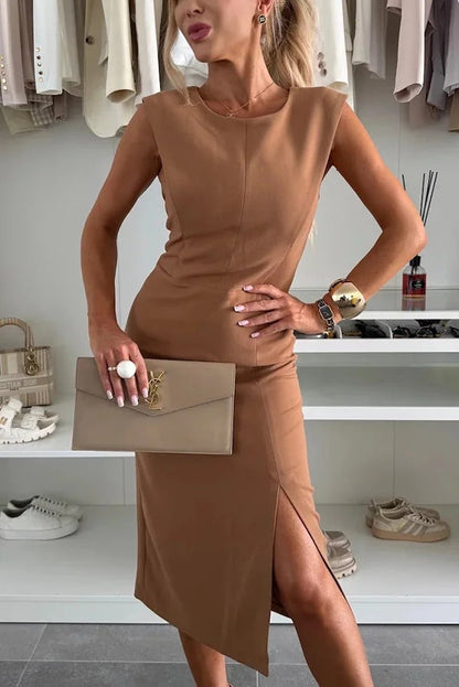 Solid Color Round Neck Sleeveless Slim Fit Slit Midi Dress