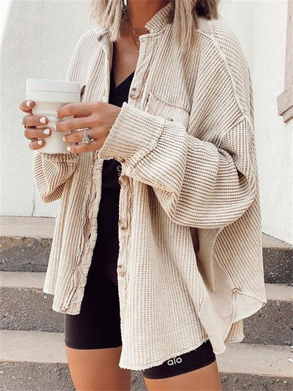 Casual Waffle Knit Button-Up Oversized Shirt Jacket