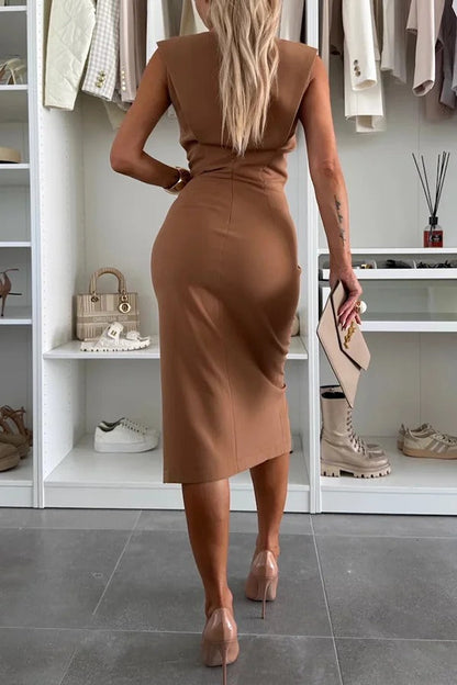 Solid Color Round Neck Sleeveless Slim Fit Slit Midi Dress