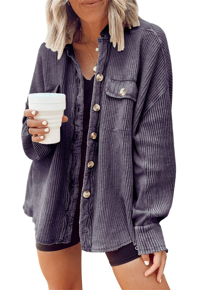 Casual Waffle Knit Button-Up Oversized Shirt Jacket
