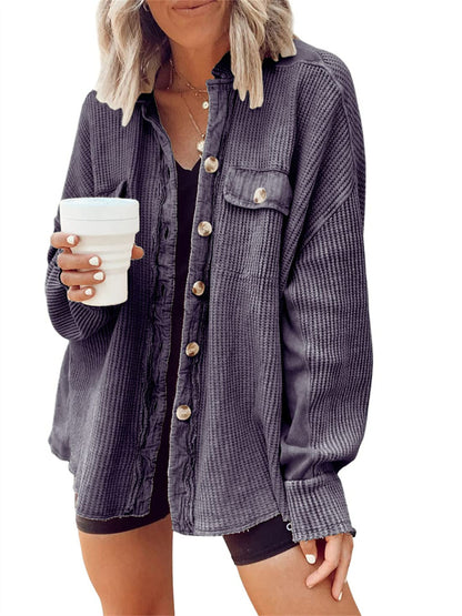 Casual Waffle Knit Button-Up Oversized Shirt Jacket