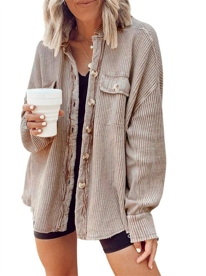 Casual Waffle Knit Button-Up Oversized Shirt Jacket