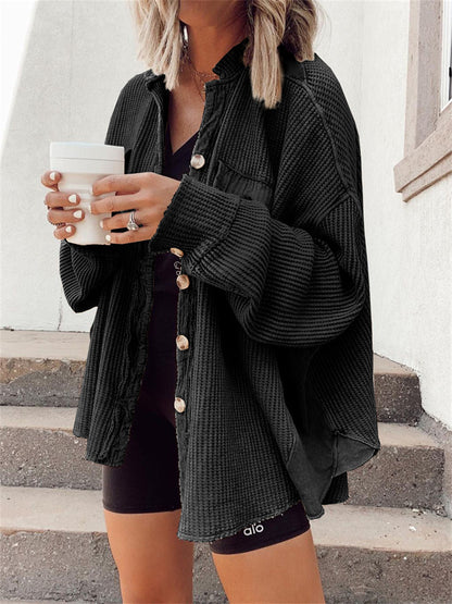 Casual Waffle Knit Button-Up Oversized Shirt Jacket
