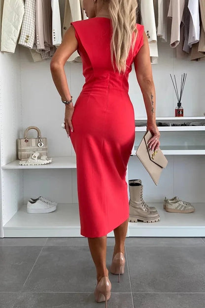 Solid Color Round Neck Sleeveless Slim Fit Slit Midi Dress