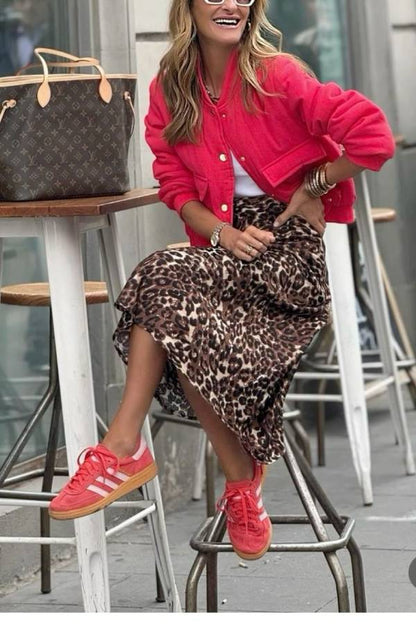 Coffee Time Leopard Print Elastic Waist Loose Midi Skirt