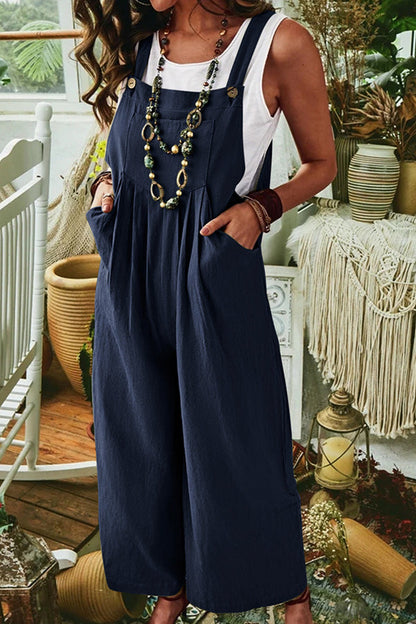 Solid Color Sleeveless Pocket Casual Wide Leg Side Button Jumpsuit